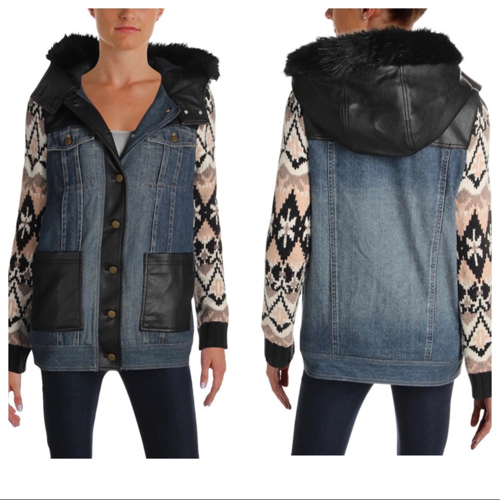 Yigal x Aqua Mixed Media Faux Knit Pattern Coat